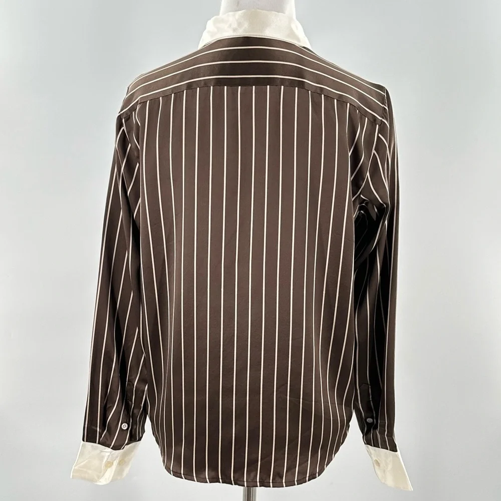 Lauren Ralph Lauren button down top 4P 100% silk brown cream stripes career